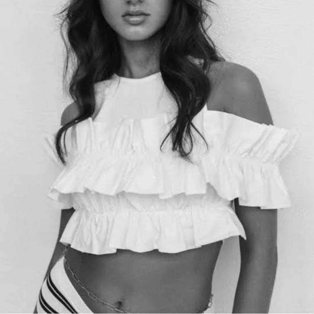 Zara Ruffle Crop Top in White—size medium, perfect top for summer white party